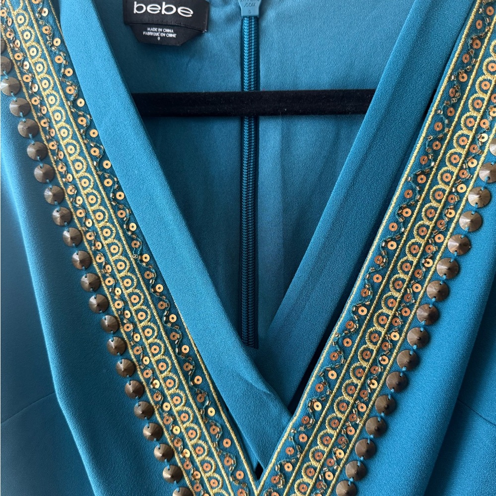Chic Turquoise Embellished Deep V-Neck Dress